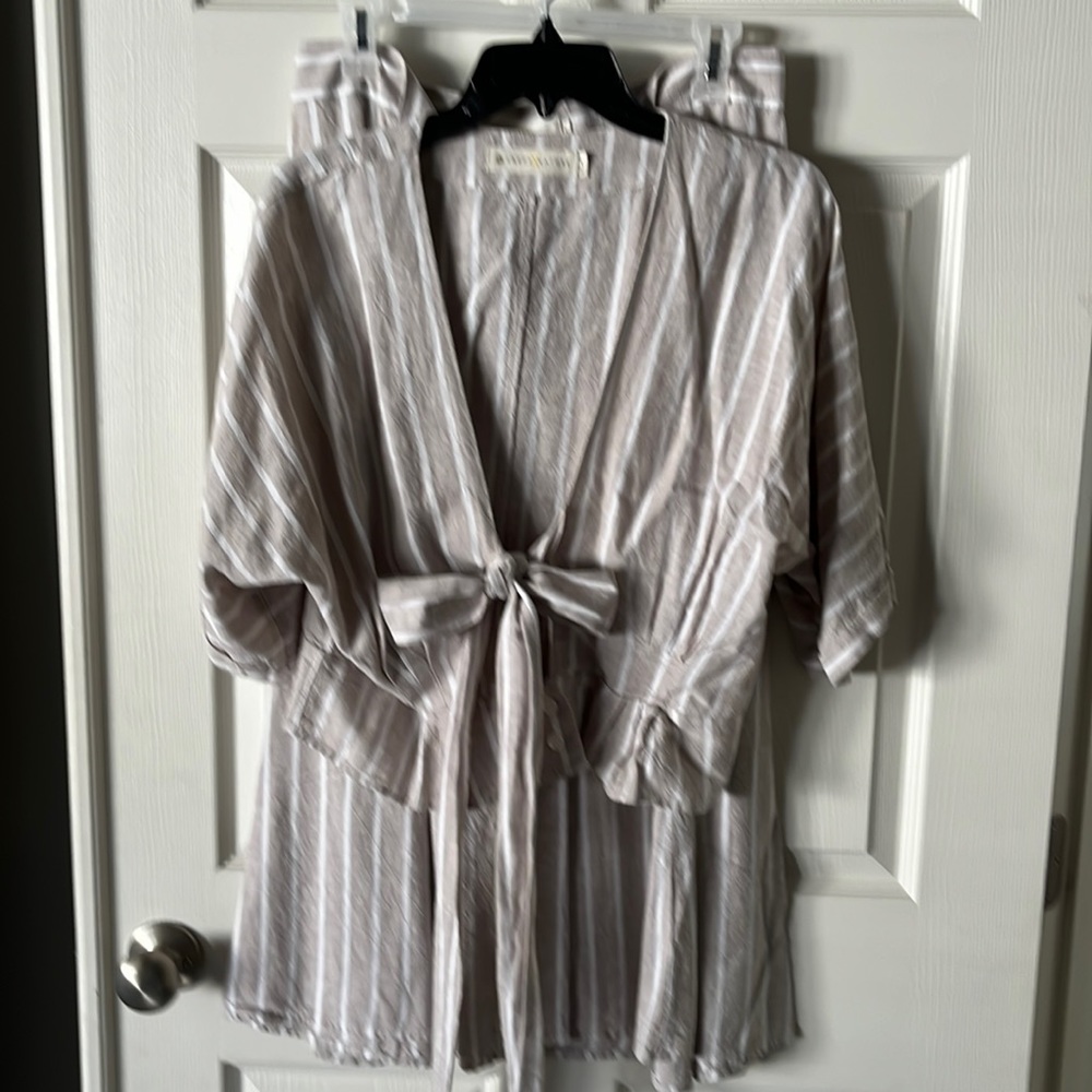 Happy Nature 2 piece linen skirt/top set- taupe with white vertical strips